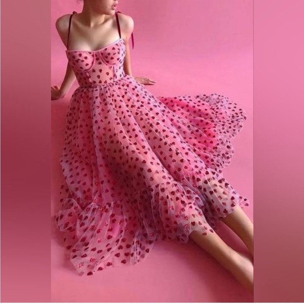 Betsey Johnson Metallic Heart Print Mesh Tulle Midi Dress